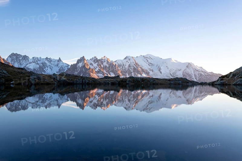 Evening light at Lac de Chesserys with mountains behind of Chamonix