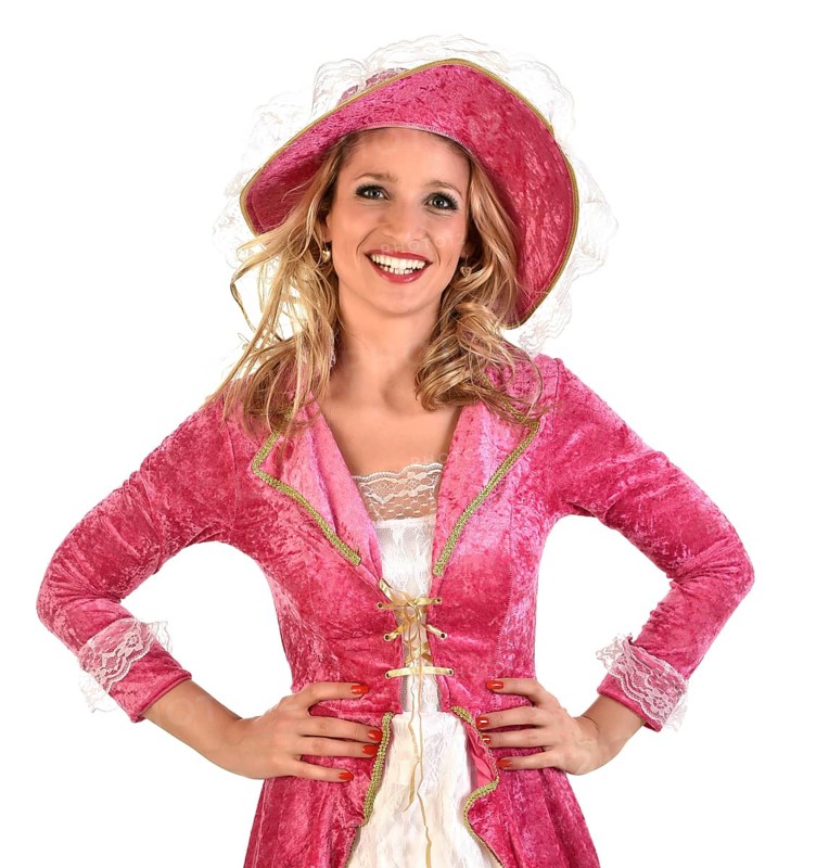 Young blonde woman wearing a pink and white costume