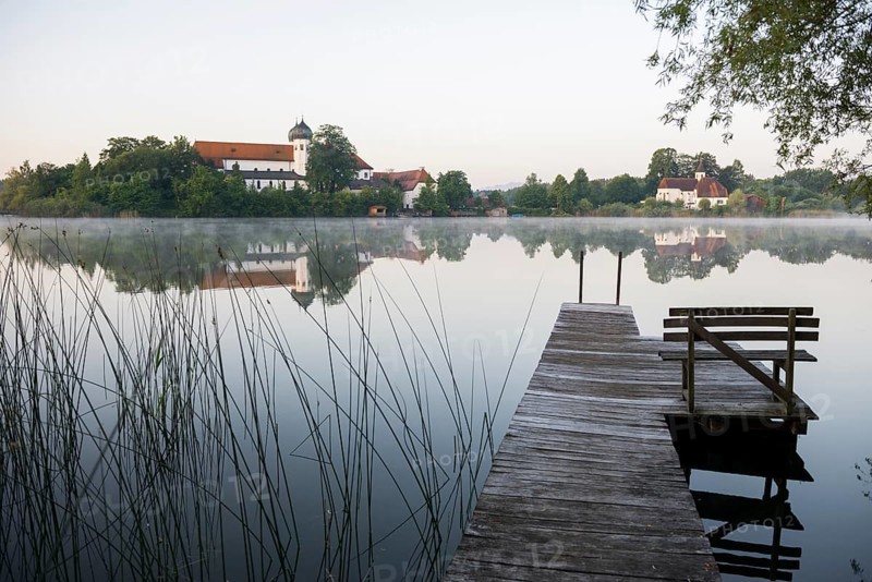 Early morning at Seeon Abbey on an island in Seeoner See Lake