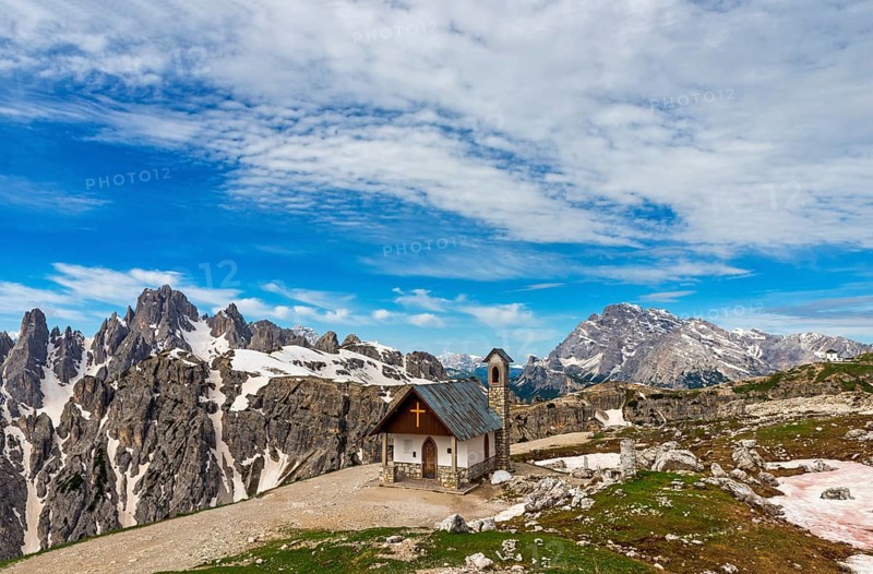 Chapel near Rifugio Auronzo with Cadini di Misurina and Monte Cristallo