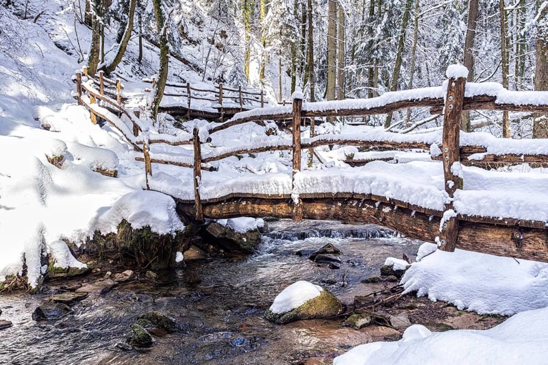 Boardwalk over the Strumpfelbach brook in winter