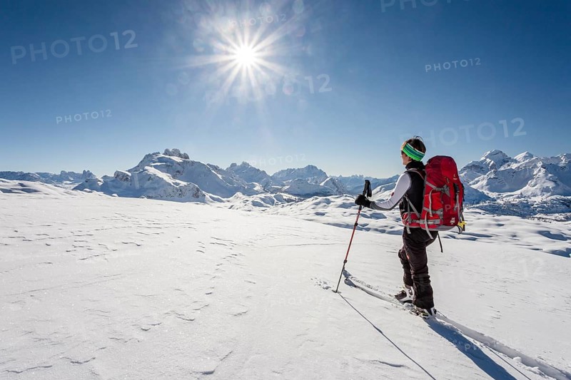 Ski mountaineer during the ascent of Mt Seekofel in the Fanes-Sennes-Prags Nature Park in the Dolomites