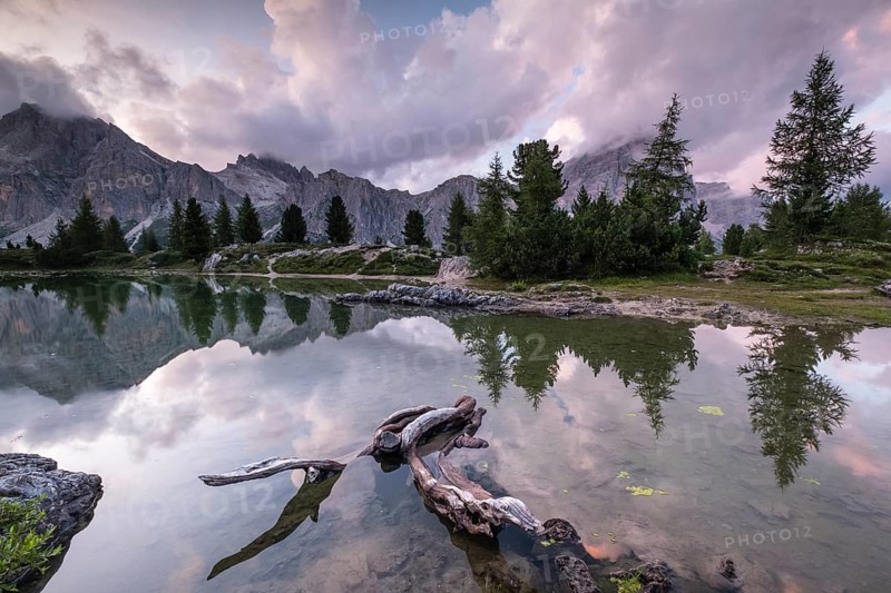 Evening atmosphere at Lake Lago de Limides and Tofana di Rozes