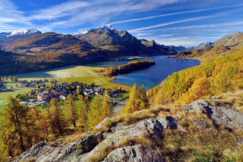 Views of Lake Sils and Piz da la Margna in autumnal Upper Engadine Sils-Baselgia