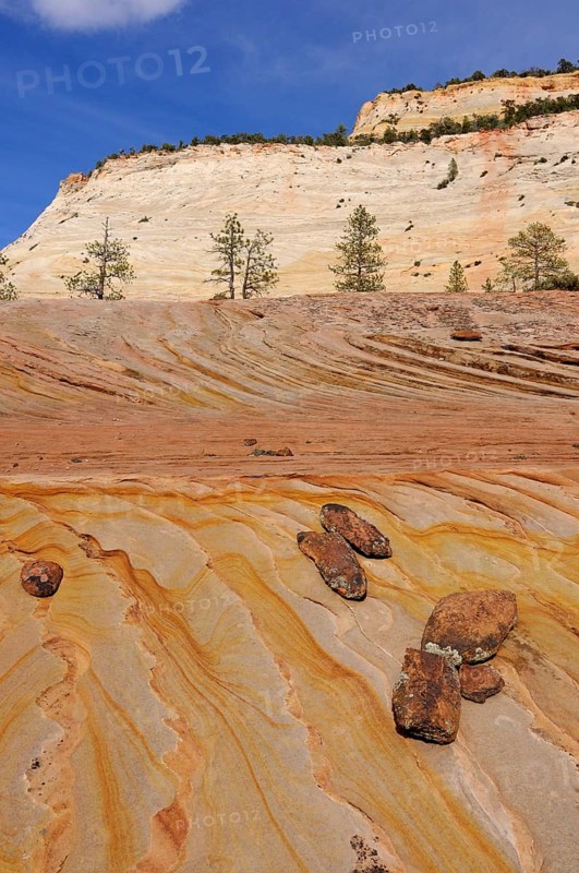 Plateau of colourful sandstone at the foot of Checkerboard Mesa