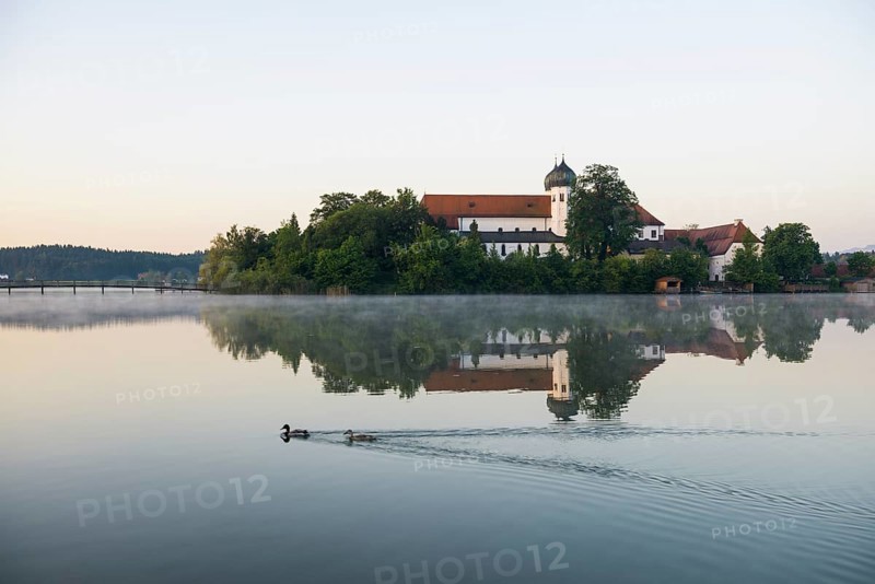 Early morning at Seeon Abbey on an island in Seeoner See Lake