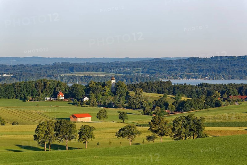 View from Furst-Tegernberg over Holzhausen and Lake Starnberger See