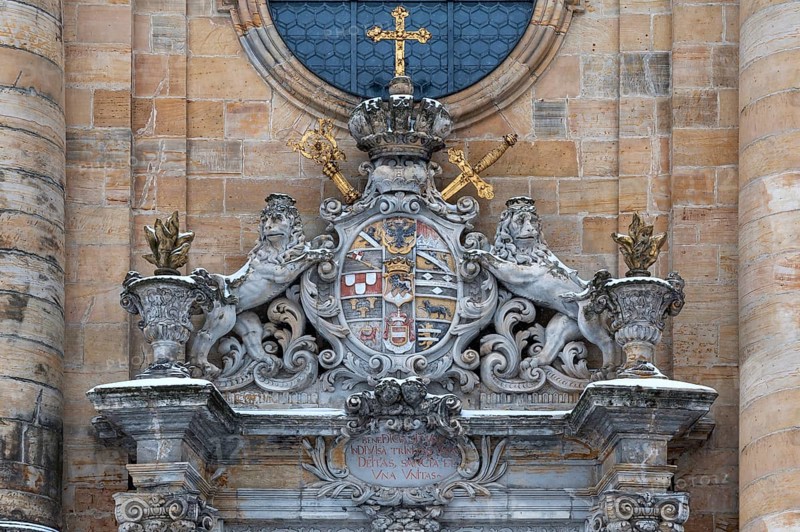 Coat of arms of Friedrich Carl von Schonborn above the entrance of the Gossweinstein pilgrimage church of the Holy Trinity