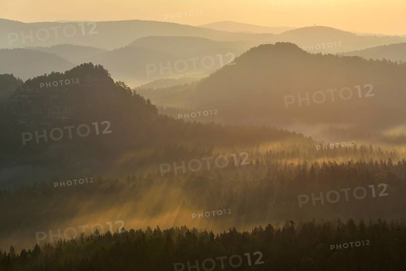Fog and haze in the morning in the Elbe Sandstone Mountains