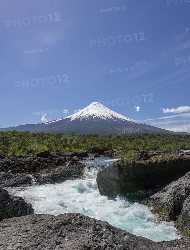 Waterfall of the Rio Petrohue and the Osorno volcano