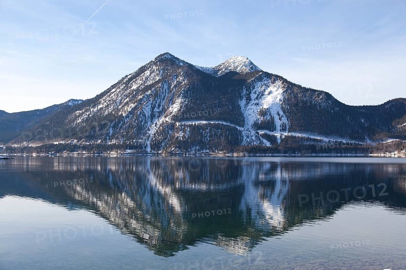 Walchensee or Lake Walchen and Herzogstand mountain in winter