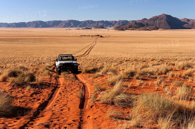 Pick-up driving through desert landscape behind the Tiras Mountains