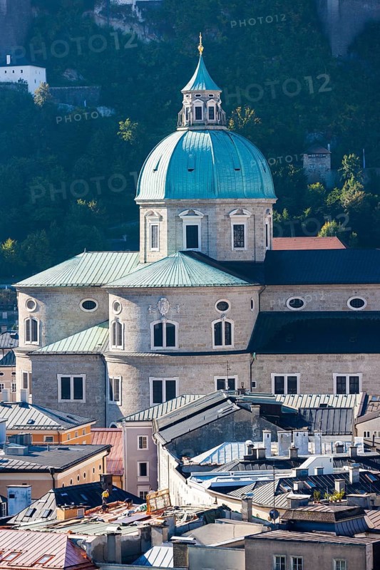 View from the Kapuzinerberg on the old town with dome of Salzburg Cathedral