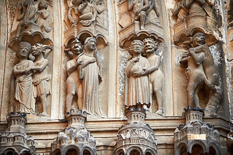 Medieval Gothic sculptures of the south portal of the Cathedral of Chartres depicting the Last Judgement