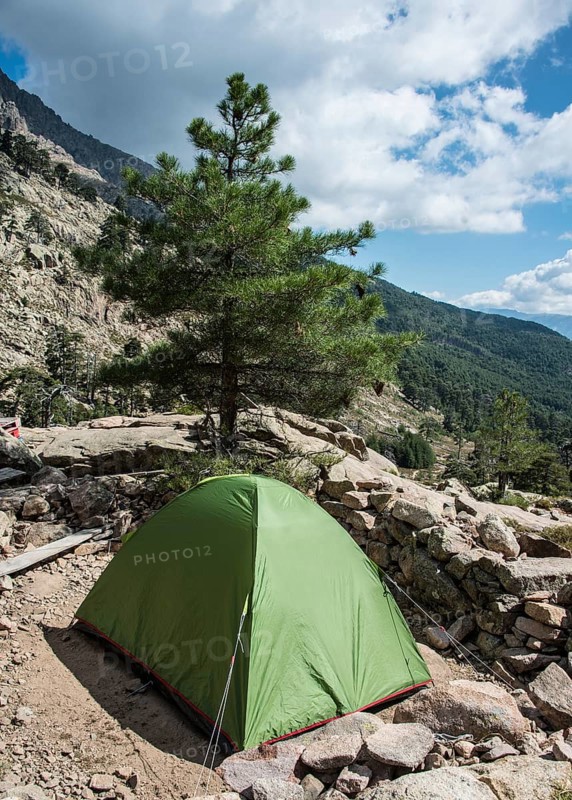Tent on the hiking trail GR20 on the river Golo