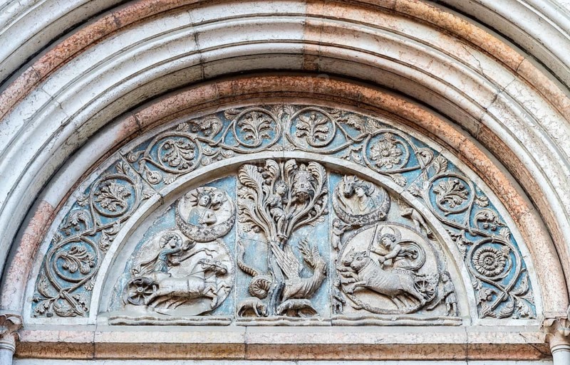 Romanesque stone relief over portal
