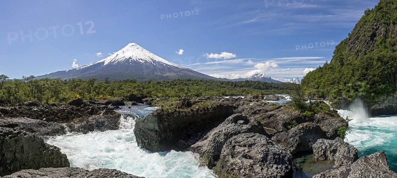 Waterfall of the Rio Petrohue and the Osorno volcano