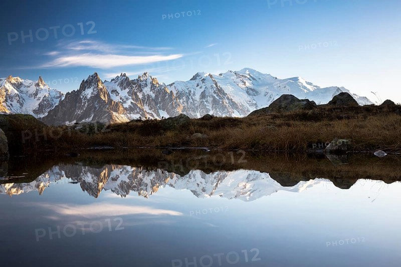 Evening light at Lac de Chesserys with mountains behind of Chamonix