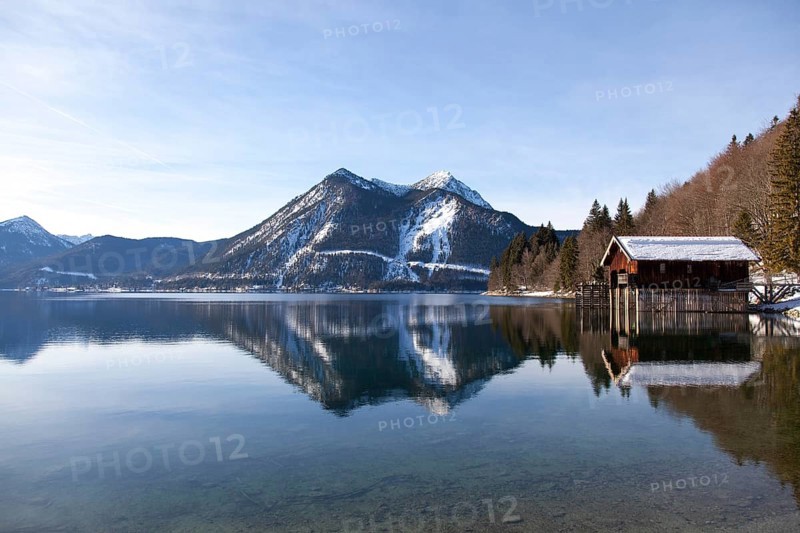 Walchensee or Lake Walchen and Herzogstand mountain in winter
