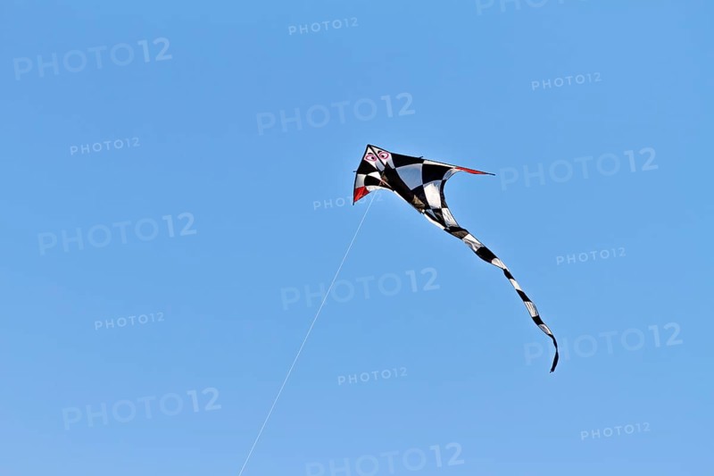 Black and white checkered kite with red wing tips flying in a blue sky