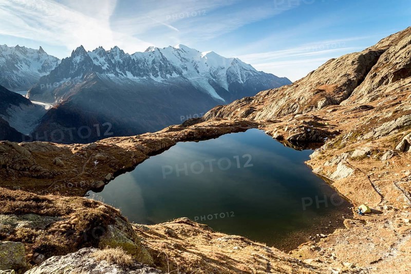 Early morning at Lake Chessery with views of Mont Blanc in Chamonix