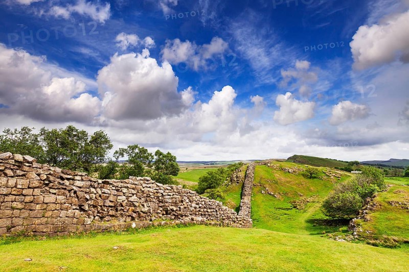 Hadrian's Wall under a dramatic sky at Walltown Crags