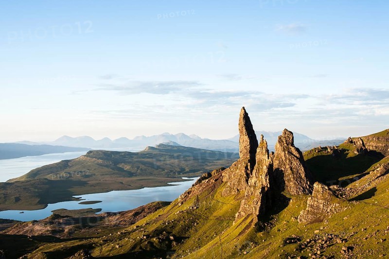 The Old Man of Storr and surrounding rock pinnacles in early morning