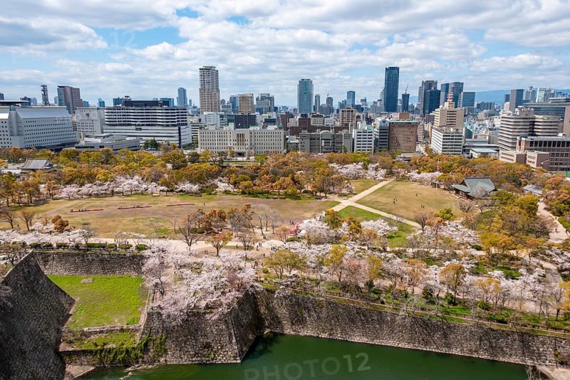 View from Osaka Castle to Osaka Castle Park and city silhouette
