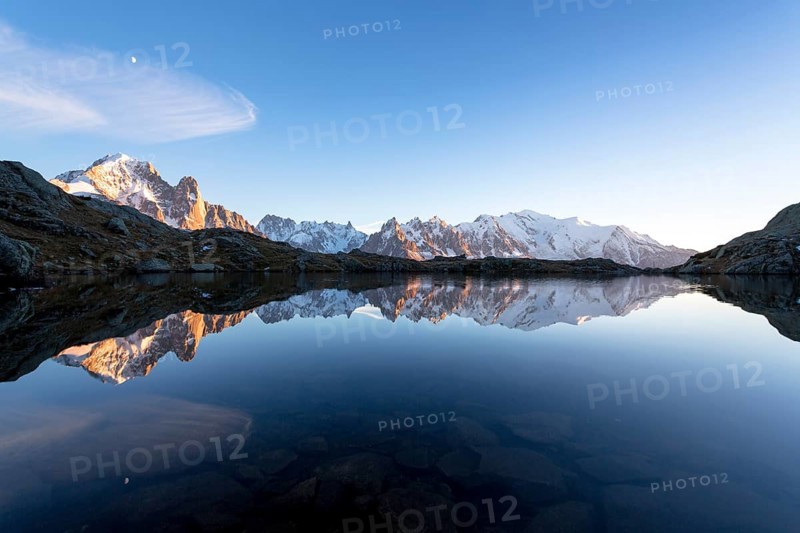 Evening light at Lac de Chesserys with mountains behind of Chamonix
