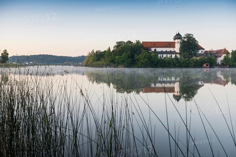 Early morning at Seeon Abbey on an island in Seeoner See Lake
