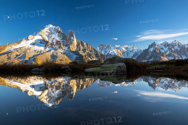 Evening light at Lac de Chesserys with mountains behind of Chamonix