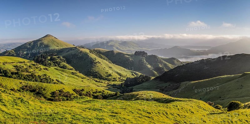 Green hilly grasslands with view of Hoopers Inlet