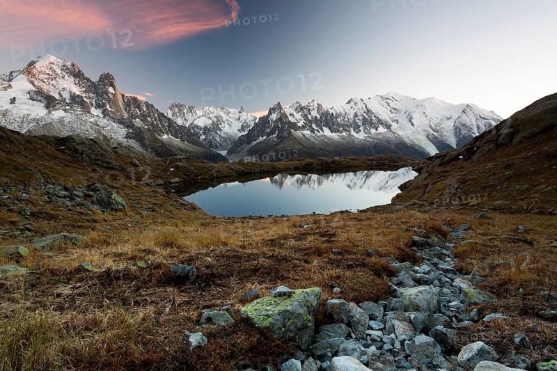 Evening light at Lac de Chesserys with mountains behind of Chamonix