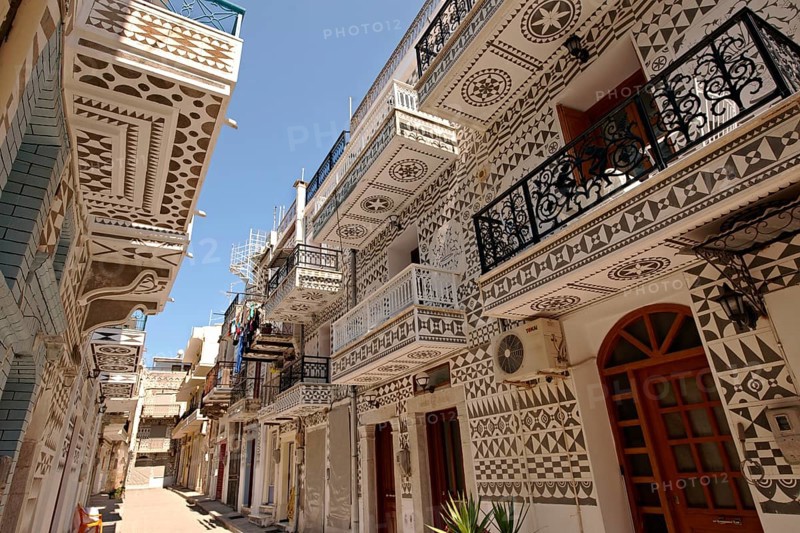 Traditional Xysta paintings on the houses in the mastic producing area of Mastichochoria