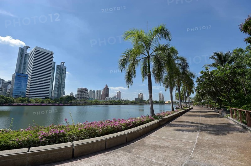 Benjakiti Park with the skyline of Bangkok