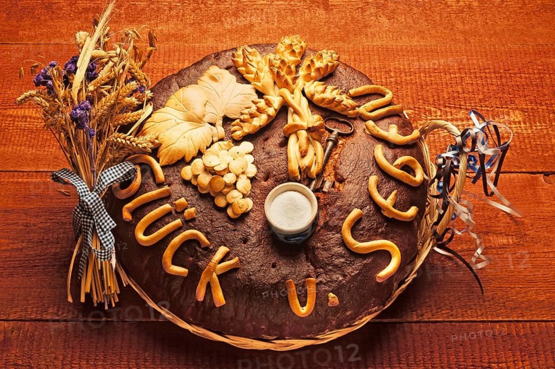 Decorated bread loaf with a salt shaker