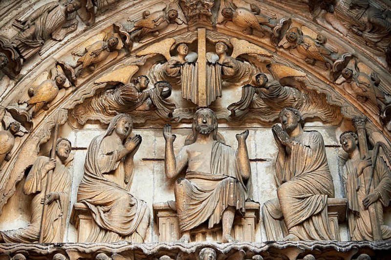 Medieval Gothic sculptures of the south portal Tympanum depicting Christ and the Last Judgement