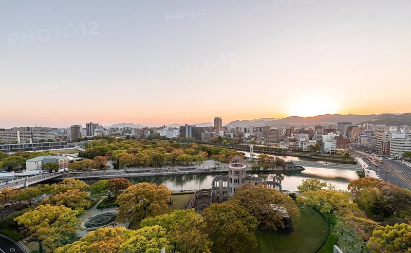 Panoramic view from Hiroshima Orizuru Tower over the city with atomic dome