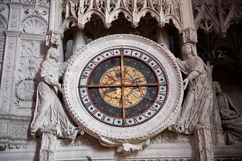 16th century flamboyant Gothic astrological clock in the choir screen of the Cathedral of Chartres