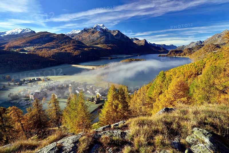 Views of Lake Sils and Piz da la Margna in autumnal Upper Engadine