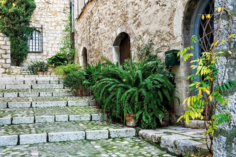 Alleyway with steps in the medieval city of Saint-Paul or Saint-Paul-de-Vence