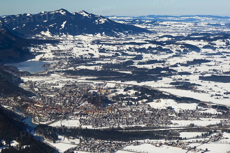 View from Tegelberg massif of the town of Fussen and Weissensee lake