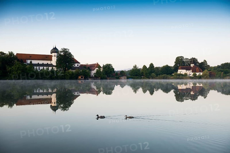 Early morning at Seeon Abbey on an island in Seeoner See Lake