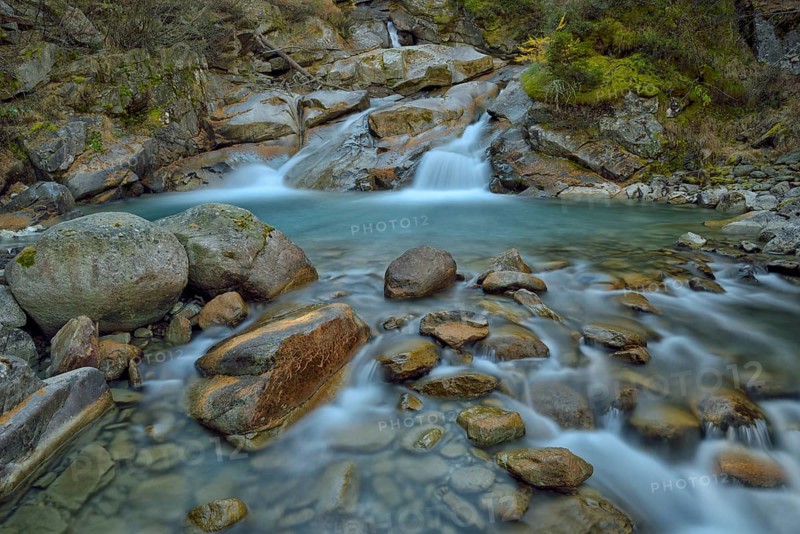 Mountain stream with fallen larch needles on the stones