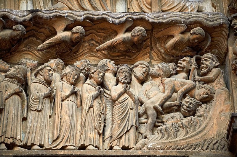 Medieval Gothic sculptures of the south portal Tympanum and lintel depicting the Last Judgement