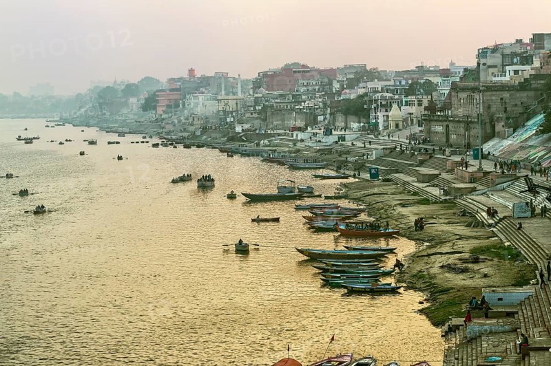 Ganges River and Varanasi ghats at sunset
