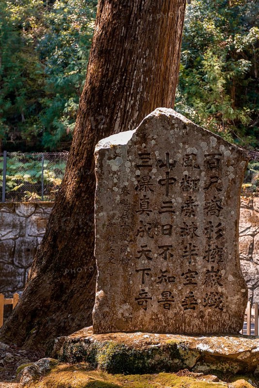 Old stone tablet with Japanese writing on the pilgrimage path Kumano Kodo