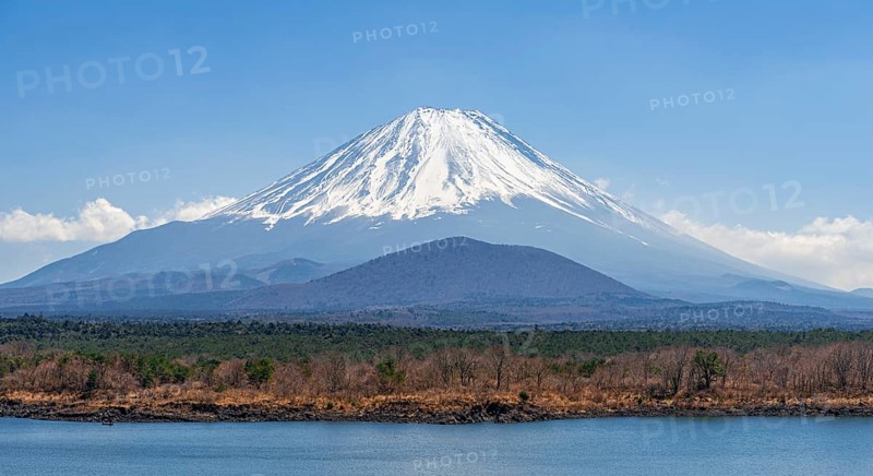 View over a lake to the volcano Mt Fuji