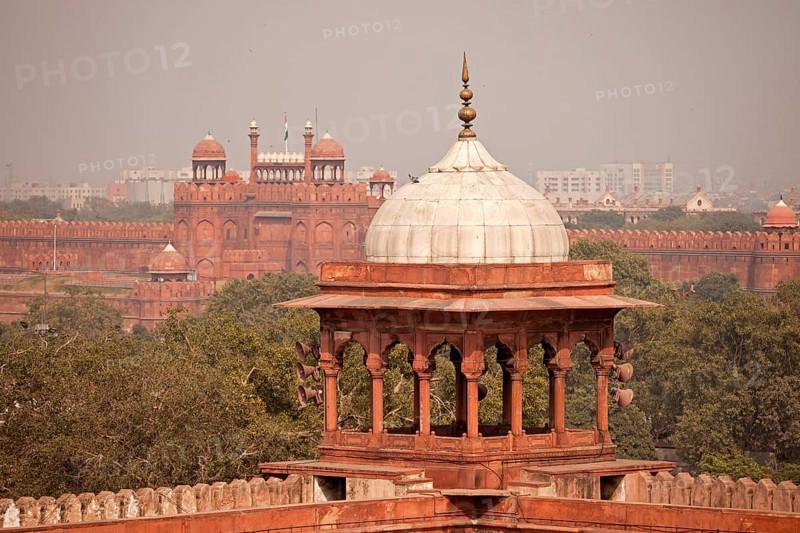 Dome of the Friday Mosque Jama Masjid with the Red Fort