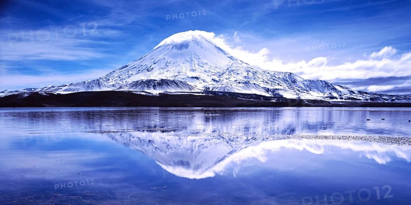 Parinacota volcano with reflections in the lake Lago Chungara